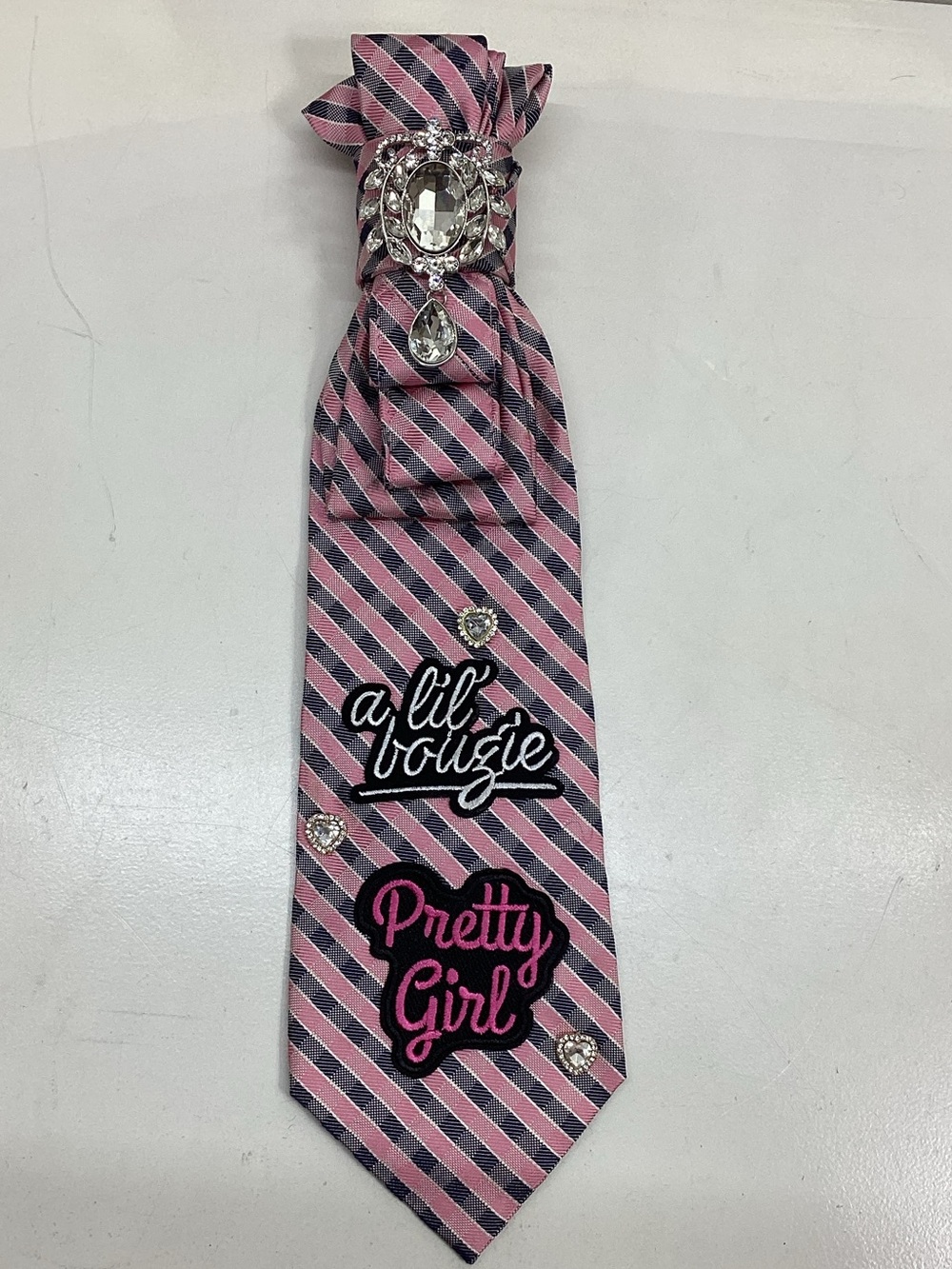 Junkie Tie: Pink and Navy Diagonal Striped Tie with Crystals & Patches